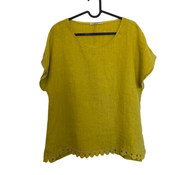 Francesca Bettini Linen Top Lagenlook Medium Mustard Eyelet Border Made in Italy - Picture 1 of 6
